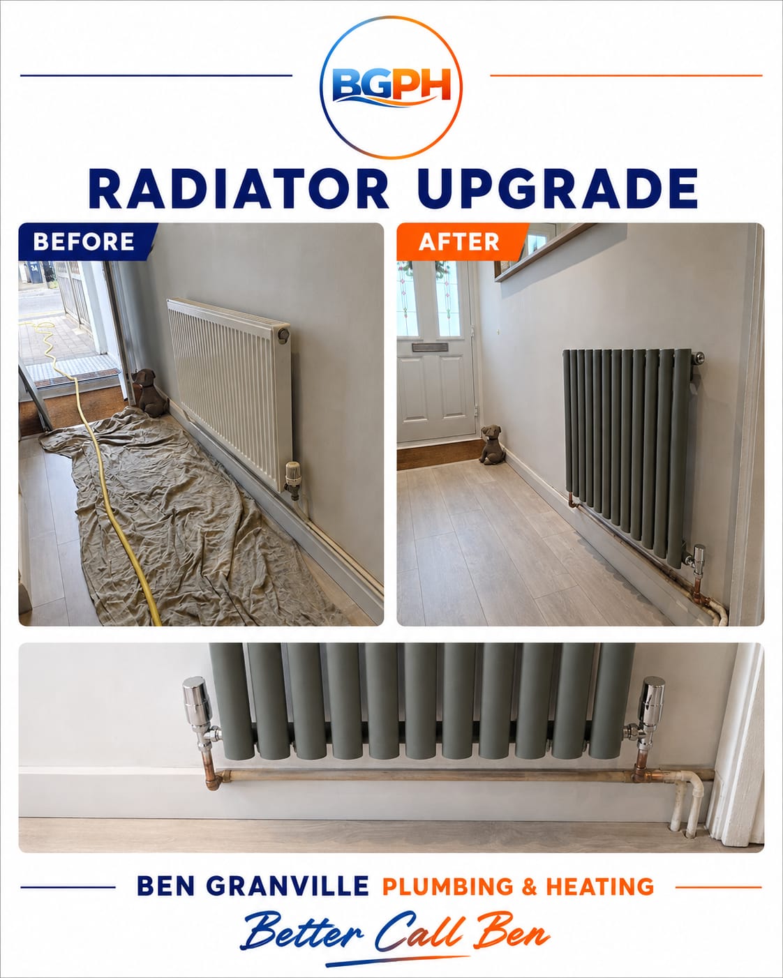 Before and after radiator upgrade in a hallway