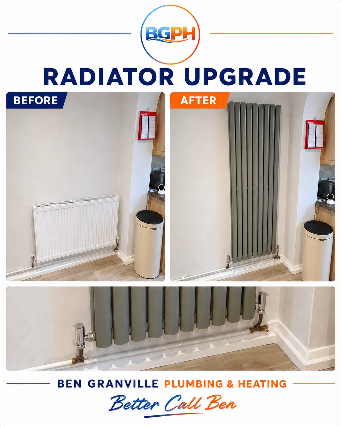 Before and after vertical designer radiator upgrade in a kitchen
